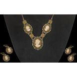 Vintage Italian Silver Cameo Set, Comprising of a Necklace and a Pair of Matching Cameo Earrings. c.