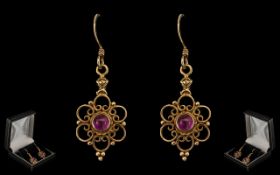 Antique Period 9ct Gold Attractive Pair of Ornate Amethyst Set Drop Earrings. Marked 9ct.