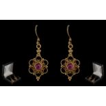 Antique Period 9ct Gold Attractive Pair of Ornate Amethyst Set Drop Earrings. Marked 9ct.