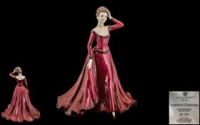 Coalport - Fine Bone China Hand Painted Figurine ' Seasons Greetings ' Lady In Long Red Dress.