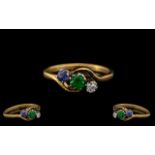 18ct Gold - Attractive Trio of Diamond, Emerald and Sapphire Set Dress Ring.