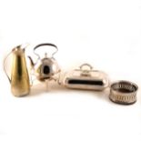 Electroplated spirit kettle, on tripod stand, pair of entree dishes, etc