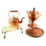 A Victorian copper kettle, copper samovar, warming pan, trivet and tray.