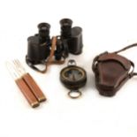 Militaria - a marching compass, Canadian binoculars, embroidered case, canvas bag.