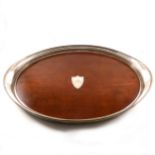 Late Victorian mahogany and silver plated oval tray,