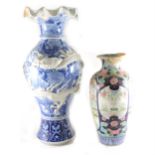 A large Japanese blue and white vase; and a polychrome vase