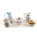 Staffordshire blue stoneware Peace jug, Queen Charlotte jug, etc