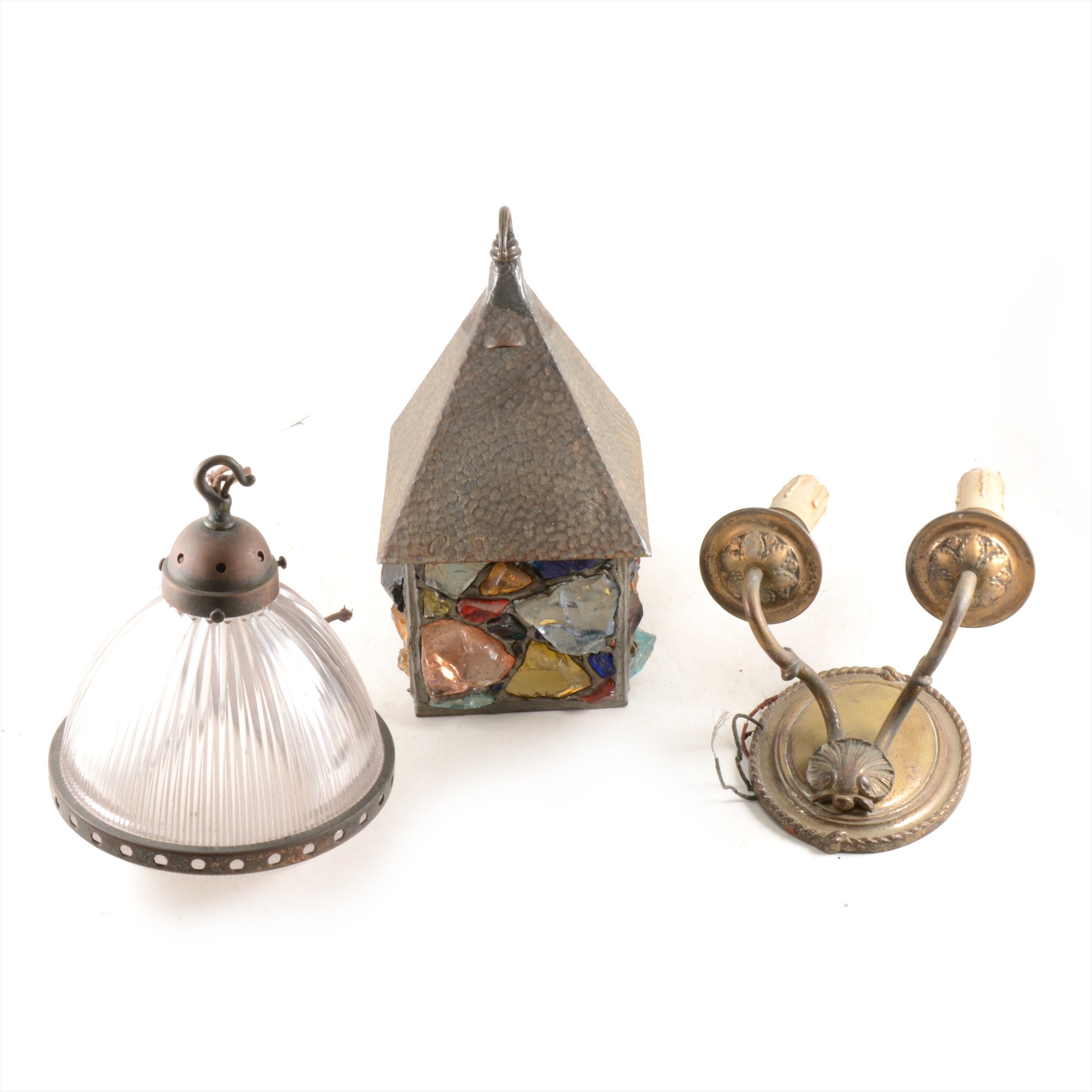 A gilt gesso scallop-shaped bracket light, metal hall lantern, etc