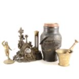 A Chinese bronzed vase, baluster shape, serving as a lamp base, and other metal ware