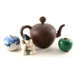 A Yongzheng type Redware teapot, two brush pots, and a Japanese figure