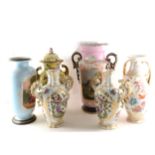 French porcelain two-handled vase, pink ground, and five other vases