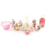 Six figurines, three cranberry glass dishes/jars, a pale green glass vase, Spode cylindrical vase.