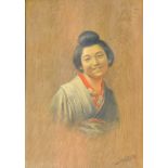 Japanese School, A Geisha, pigment on grained wooden panel,