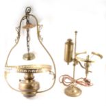 A Victorian pendant lamp and a mid 19th Century Queens reading lamp, both adapted for electricity,