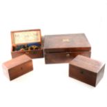 A Victorian mahogany writing box, two Victorian tea caddies, etc
