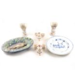 A Dutch delft blue and white plate, and a collection of tin-glazed ceramics