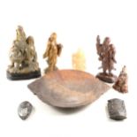 A Chinese soapstone shallow dish, and a collection of soapstone figures.