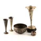 A Chinese silver trumpet-shape vase, plus an Indian white metal basin and pair of conical vases.