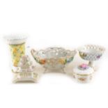 A collection of Dresden, Spode and Coalport floral encrusted bowls, vases and Pagoda House.