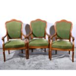 Three French mahogany fauteuils, cartouche shape backs, scrolled open arms, green dralon upholstery,