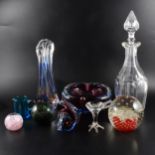 A collection of glassware, including Holmegaard paperweight