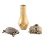 A Chinese bronze vase, a bronze inkstand, and a bronze box designed as a turtle
