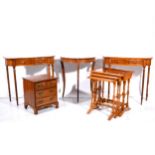 A pair of reproduction yew wood side tables, nest of tables, small chest of drawers, etc