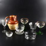 Stoneware, tavern jug, 16cm; Leighton, pottery bowl, and table glassware.