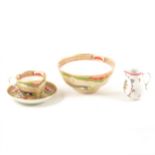 A Worcester polychrome tea cup, saucer and basin, etc