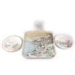 A large Japanese porcelain tray with Cranes before mount Fuji, and three other porcelain items.