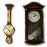 Modern mahogany London Clock Co. quartz wall clock, and a modern barometer