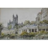 A C Fare, Bath Abbey, from the river, signed and titled, watercolour, 22cm x 30cm.