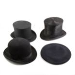 Stitched leather top hat box, stamped H B Foster, two top hats, bowler hat, etc
