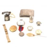 A tray of collectables, to include a silver open face pocket watch, cigarette case etc