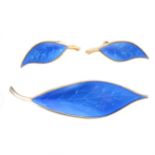 A David Anderson of Norway blue enamel leaf brooch and pair of ear clips.