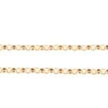 A 9 carat yellow gold 4mm gauge circular belcher link chain necklace.