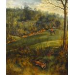 J A Wheeler, Hunting scene, with a fox escaping from a covert, signed, oil on board, 34cm x 30cm .