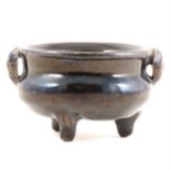 Chinese grey stoneware black glazed tripod...