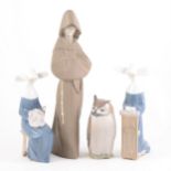 Three Lladro figures and a Copenhagen Owl modelled by Theodor Madsen