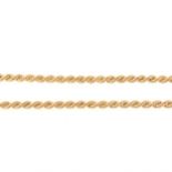 A 9 carat yellow gold 5mm gauge hollow rope link chain necklace.