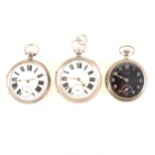 Two silver open faced pocket watches and a metal Elgin pocket watch