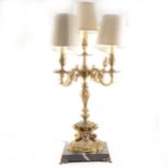 Reproduction French gilt metal and marble five light table lamp, with shades, height 58cm.