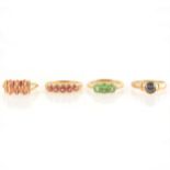 Four gemset dress rings, to include diamond, sapphire and tsavorite.