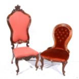 A Victorian style stained beechwood spoon-back nursing chair, and a continental walnut side chair