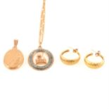 A collection of gold and yellow metal jewellery, locket, earrings, pendant, chain.