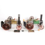 Mamod live steam; two TE1A traction engines, in gold and green, both canopies missing