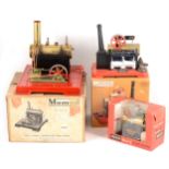 Mamod live steam; three stationary steam engines, SE3 twin cylinder, SP2, and Minor 1, all boxed