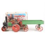 Mamod live steam; SR1a steam roller engine, boxed and a green trailer wagon, unboxed.