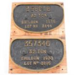 Two cast iron railway plaques; 358018 32 ton Shildon 1975 lot no 3844, 28cm by 17cm, and a 357346 32