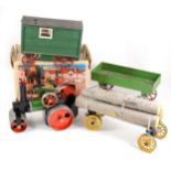 Mamod live steam; SR1A steam roller model, boxed, two trailer and a Gypsy type wagon.